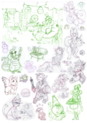 Various sketches of anthropomorphic characters, cartoons and items